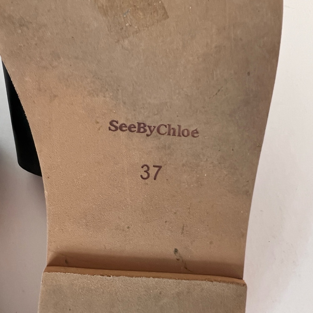 See by Chloé Essie Black Leather Mule Sandals with Tan Soles, size 37 - Picture 8 of 13